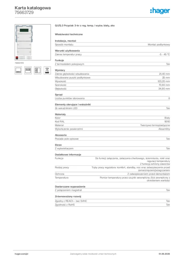 Zdjęcie Hager Karta katalogowa 75663729 | Hager Polska