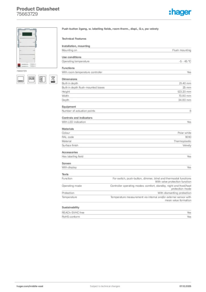 Image Hager Product data sheet 75663729  | Hager