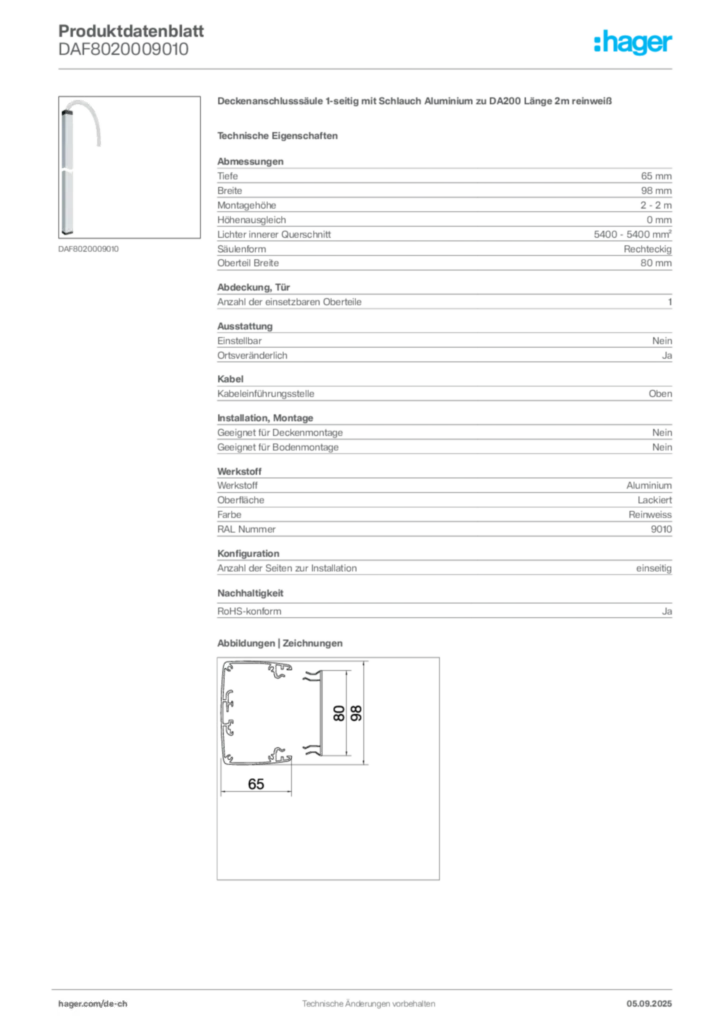Bild Hager Produktdatenblatt DAF8020009010 | Hager Schweiz