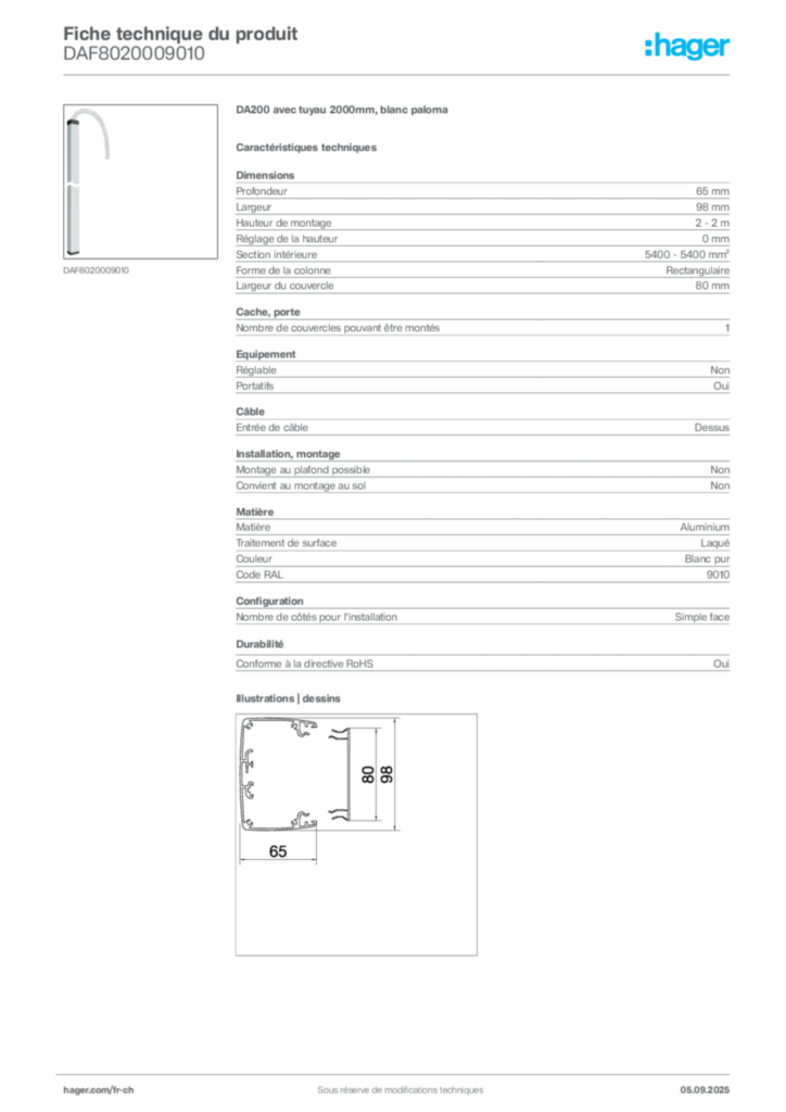 Image Hager Fiche technique du produit DAF8020009010 | Hager Suisse