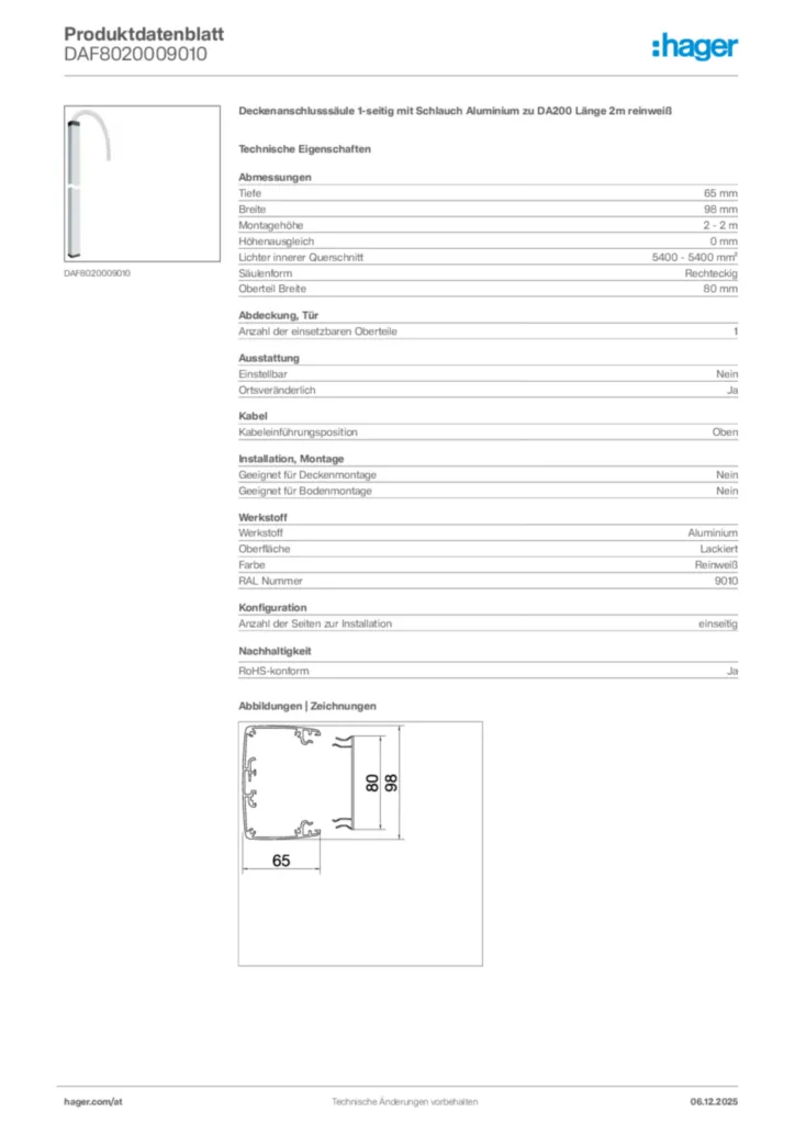 Bild Hager Produktdatenblatt DAF8020009010 | Hager Deutschland