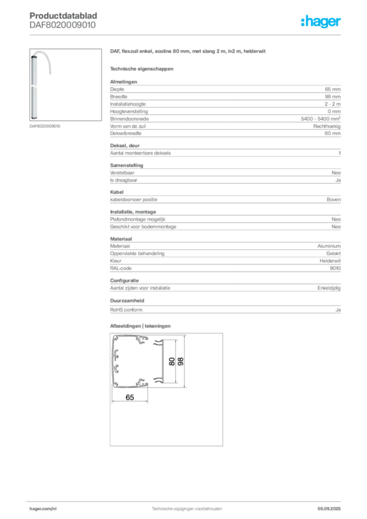 Afbeelding Hager Productdatablad DAF8020009010 | Hager Nederland