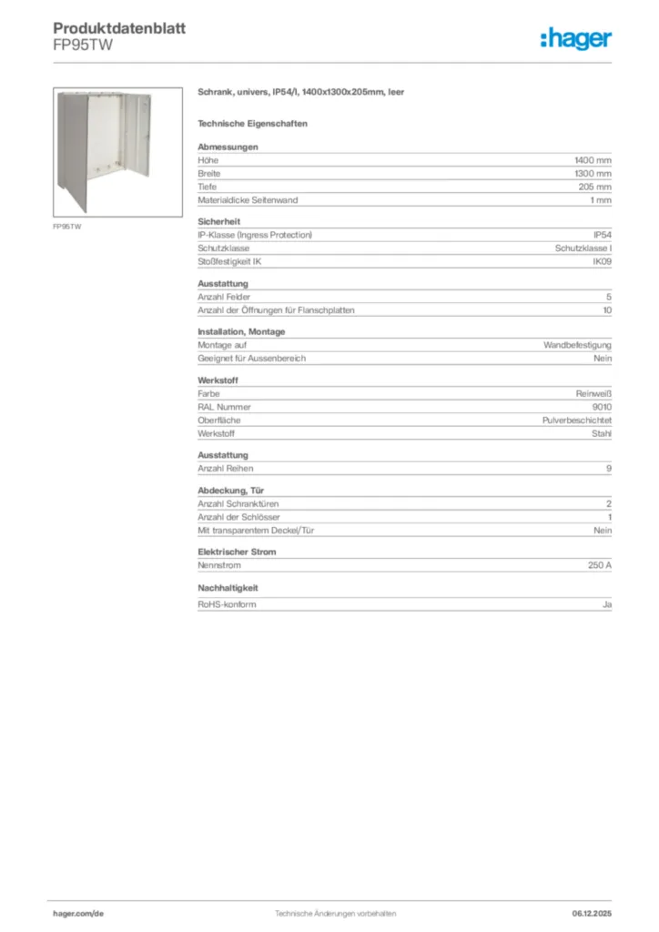 Bild Hager Produktdatenblatt FP95TW | Hager Deutschland
