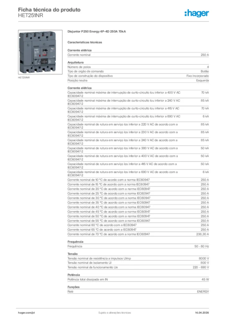 Imagem Hager Ficha técnica do produto HET251NR | Hager Portugal