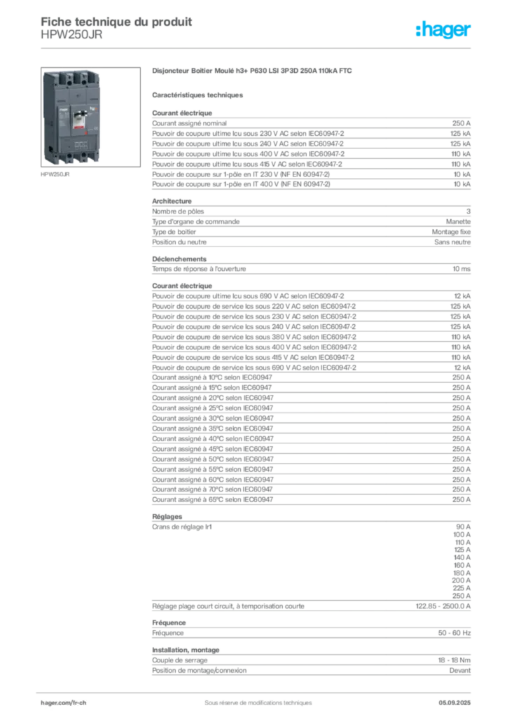 Image Hager Fiche technique du produit HPW250JR | Hager Suisse