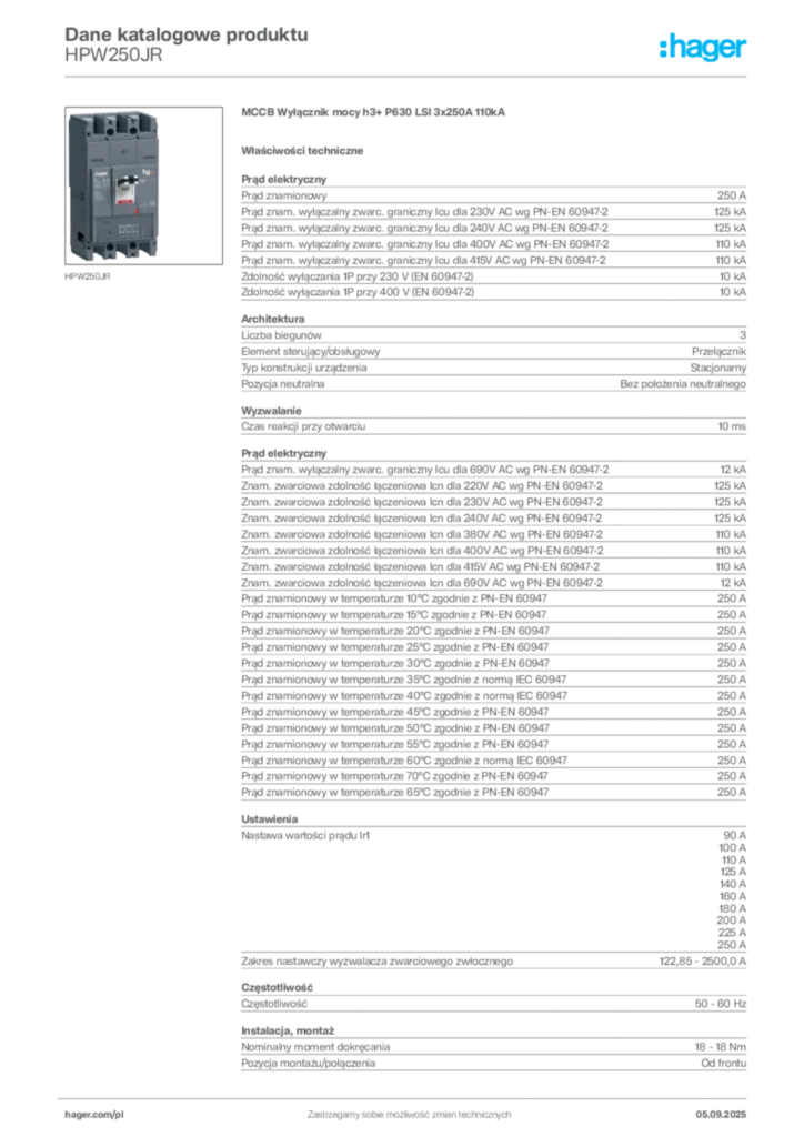 Zdjęcie Hager Dane katalogowe produktu HPW250JR | Hager Polska