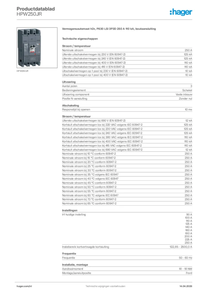 Afbeelding Hager Productdatablad HPW250JR | Hager Nederland