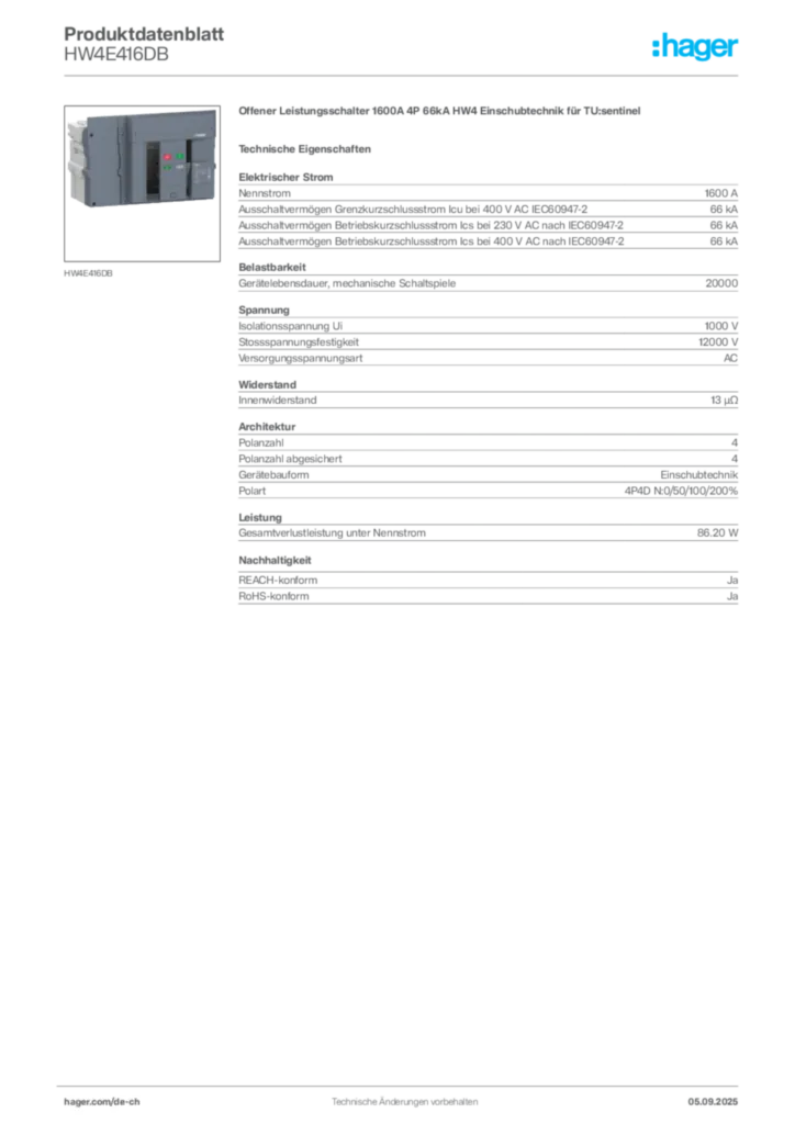 Bild Hager Produktdatenblatt HW4E416DB | Hager Schweiz