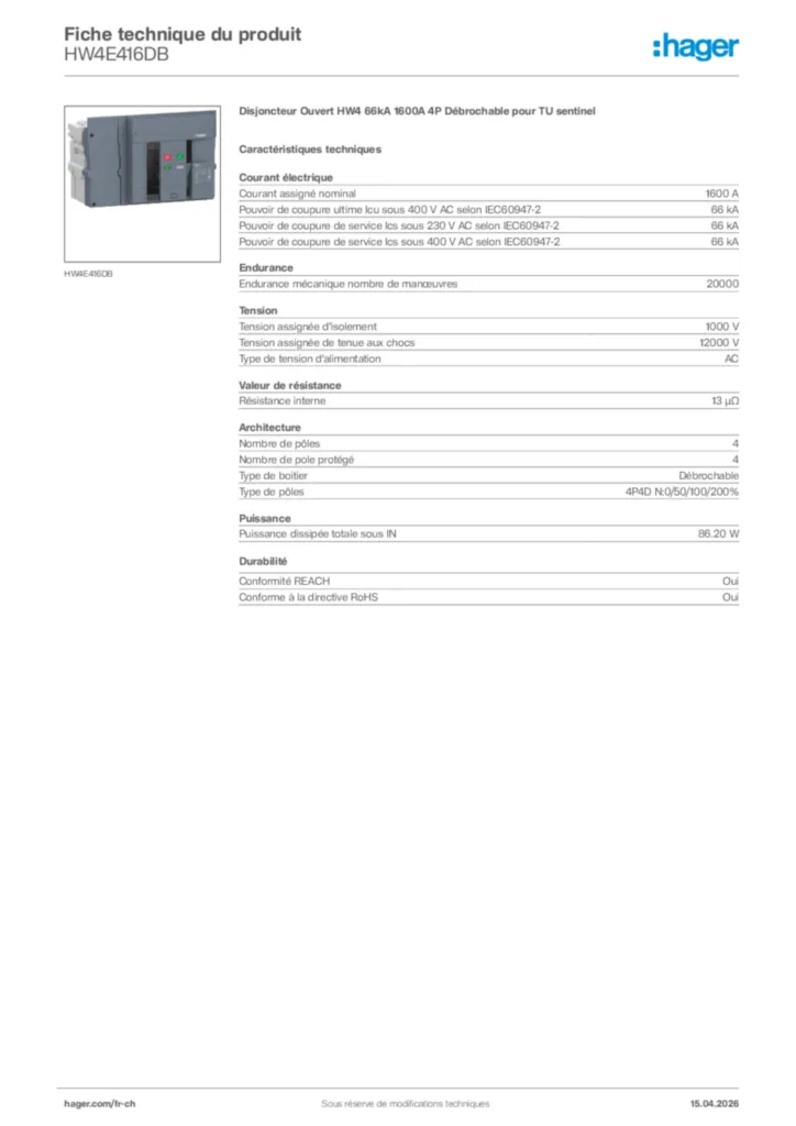 Image Hager Fiche technique du produit HW4E416DB | Hager Suisse