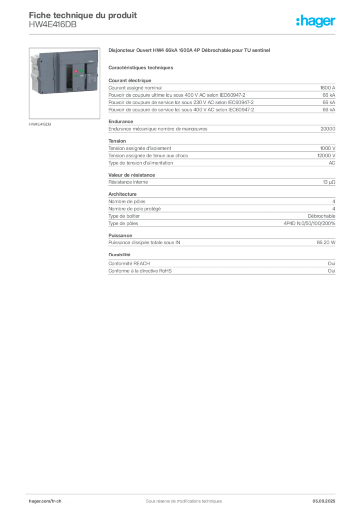 Image Hager Fiche technique du produit HW4E416DB | Hager Suisse
