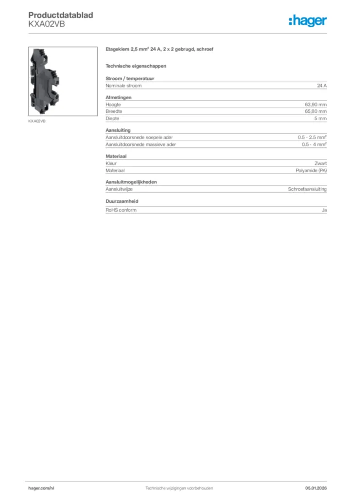 Afbeelding Hager Productdatablad KXA02VB | Hager Nederland