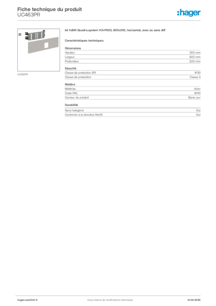 Image Hager Fiche technique du produit UC463PR | Hager Afrique