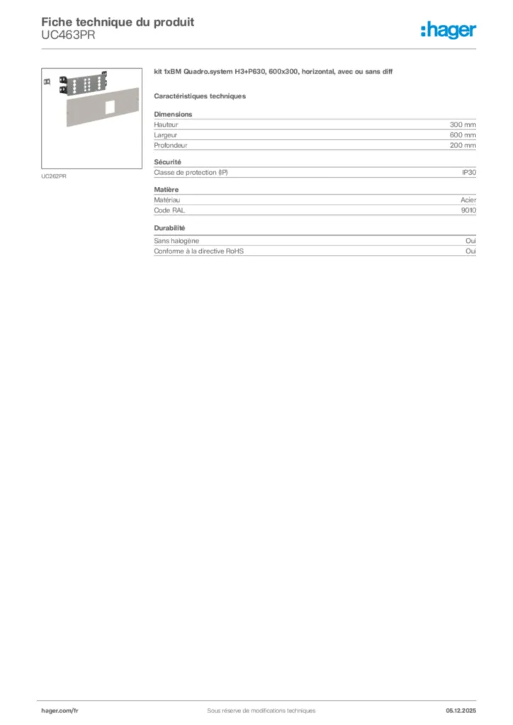 Image Hager Fiche technique du produit UC463PR | Hager France