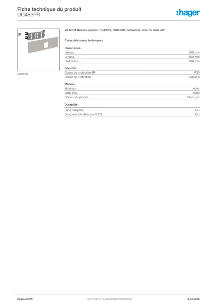 Image Hager Fiche technique du produit UC463PR | Hager France