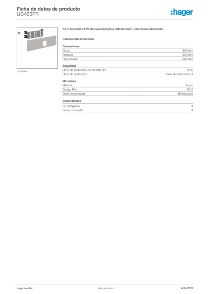 Imagen Hager Ficha de datos de producto UC463PR | Hager España
