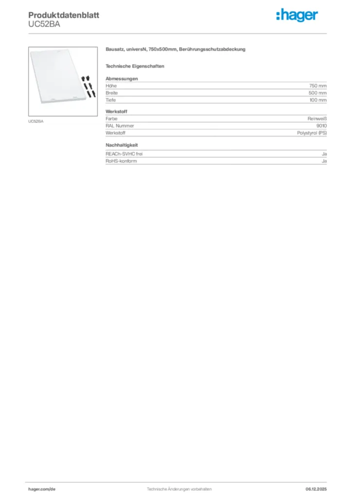 Bild Hager Produktdatenblatt UC52BA | Hager Deutschland