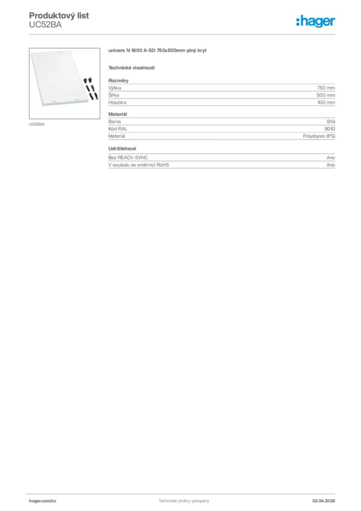 Obrázek Hager Product data sheet UC52BA | Hager