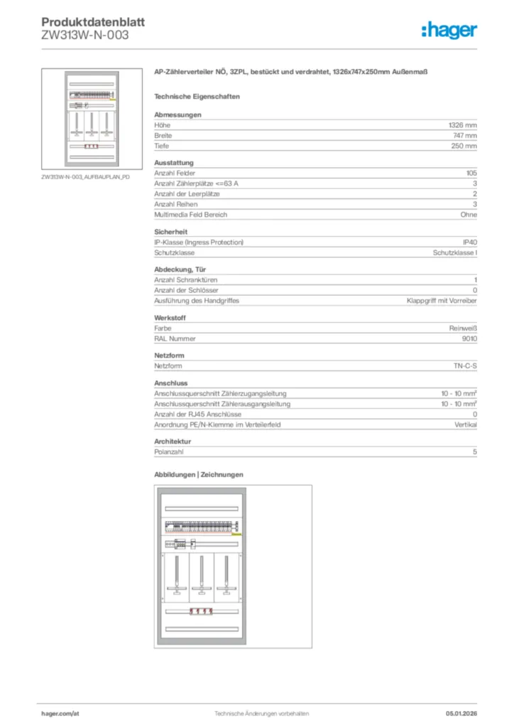 Bild Hager Produktdatenblatt ZW313W-N-003 | Hager Deutschland