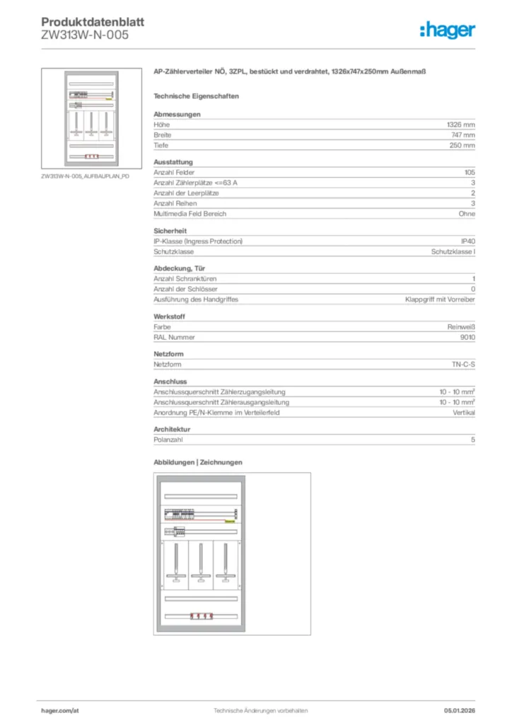 Bild Hager Produktdatenblatt ZW313W-N-005 | Hager Deutschland