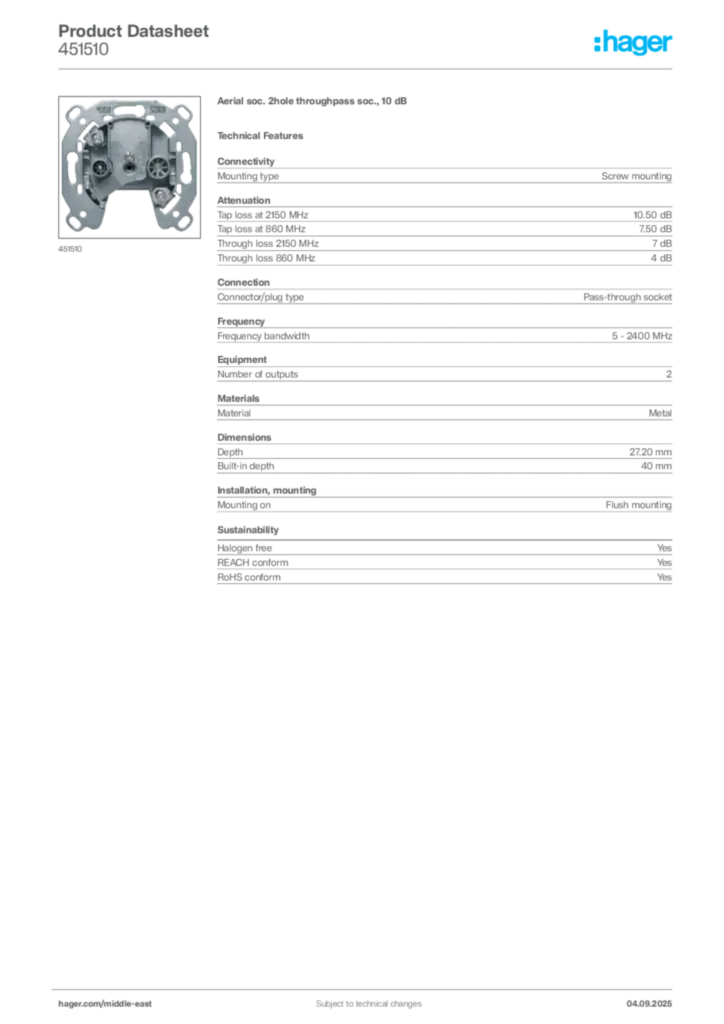 Image Hager Product data sheet 451510  | Hager