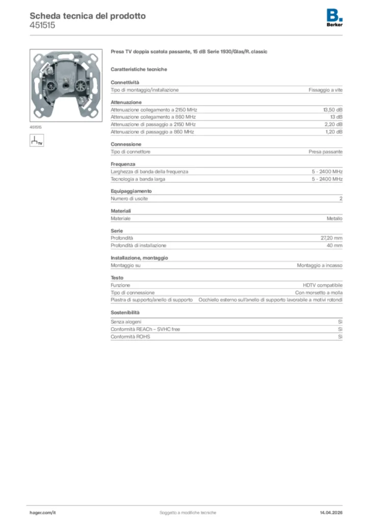 Immagine Berker Scheda tecnica del prodotto 451515 | Hager Italia