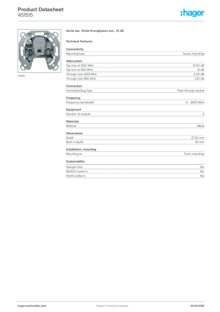 Image Hager Product data sheet 451515  | Hager