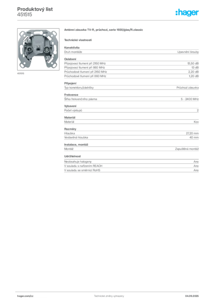 Obrázek Hager Produktový list 451515 | Hager