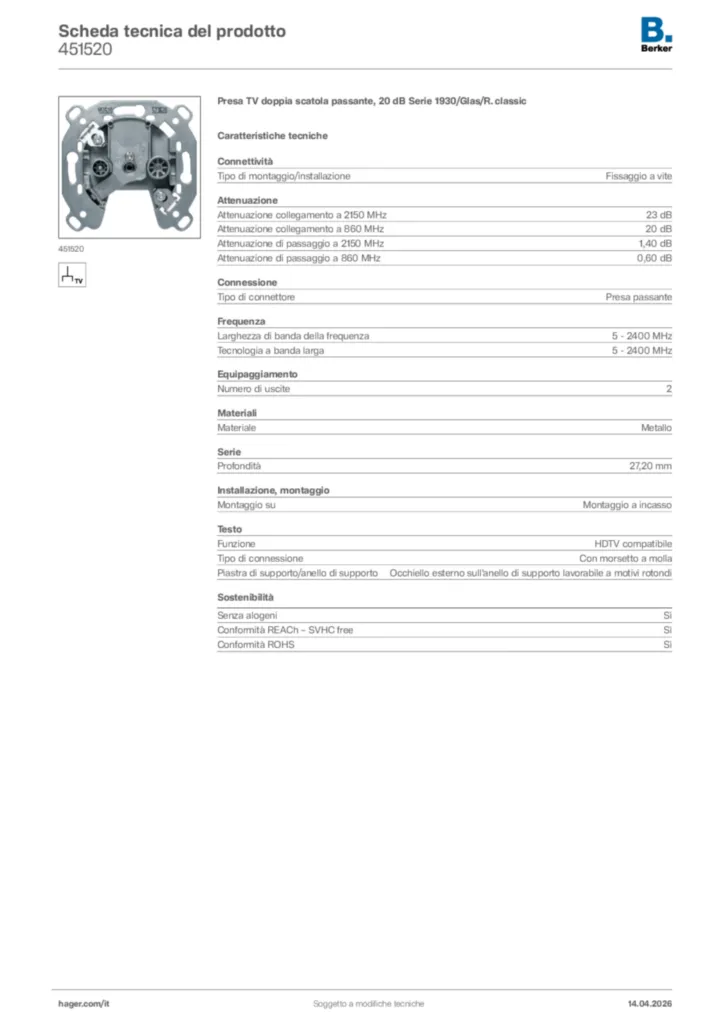Immagine Berker Scheda tecnica del prodotto 451520 | Hager Italia