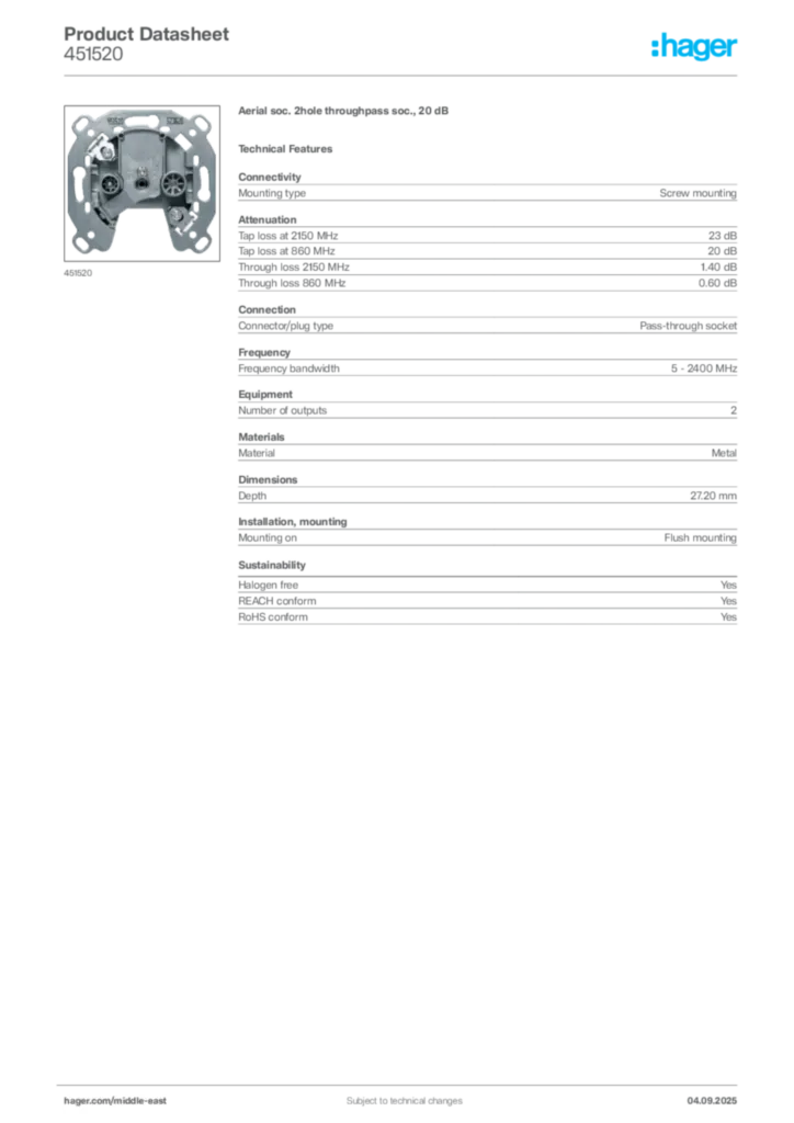 Image Hager Product data sheet 451520  | Hager
