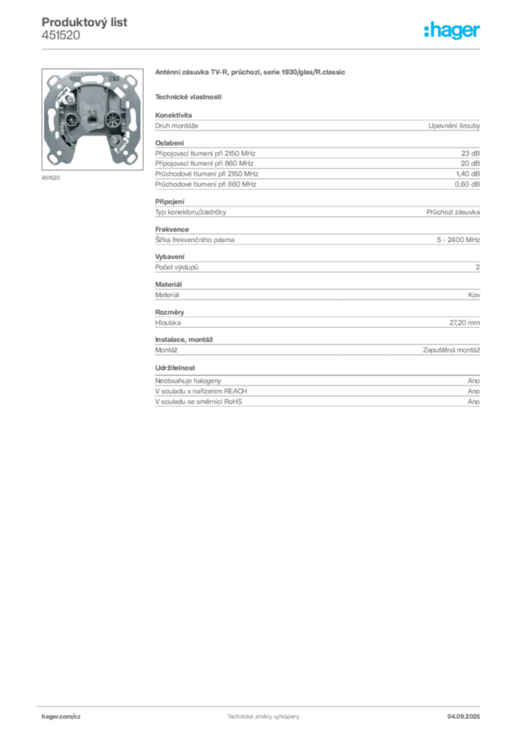 Obrázek Hager Produktový list 451520 | Hager