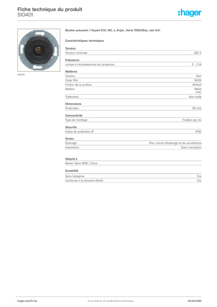 Image Hager Fiche technique du produit 510401 | Hager Belgique