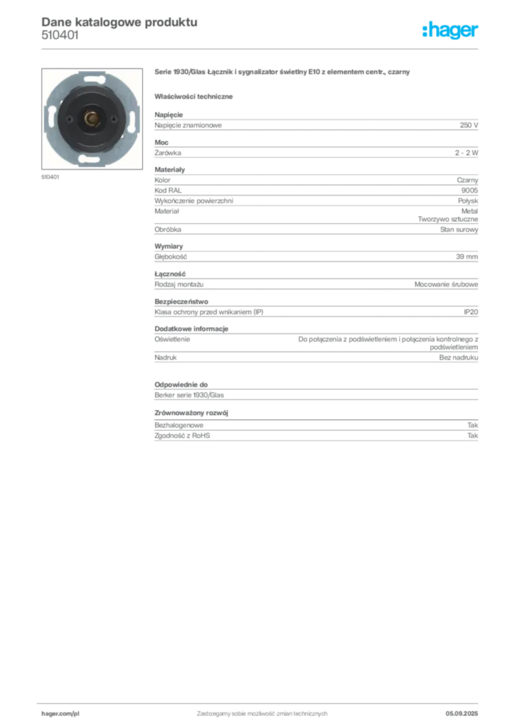 Zdjęcie Hager Dane katalogowe produktu 510401 | Hager Polska