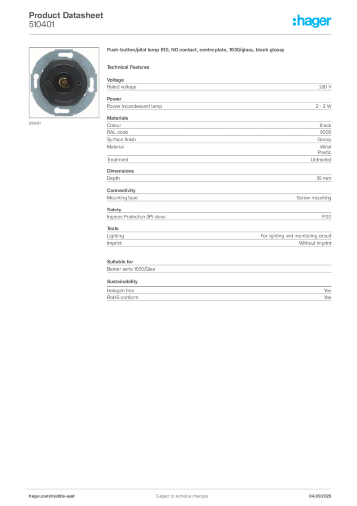 Image Hager Product data sheet 510401  | Hager