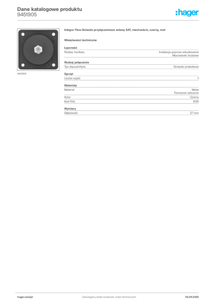 Zdjęcie Hager Dane katalogowe produktu 9451905 | Hager Polska