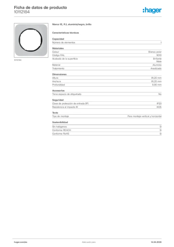 Imagen Hager Ficha de datos de producto 10112184 | Hager España