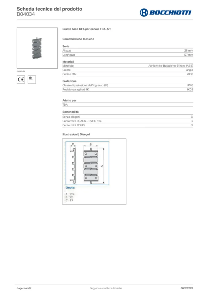 Immagine Bocchiotti Scheda tecnica del prodotto B04034 | Hager Italia