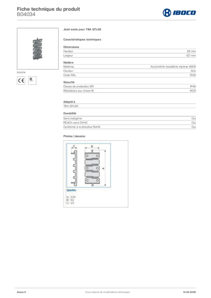 Image Iboco Fiche technique du produit B04034 | Hager France