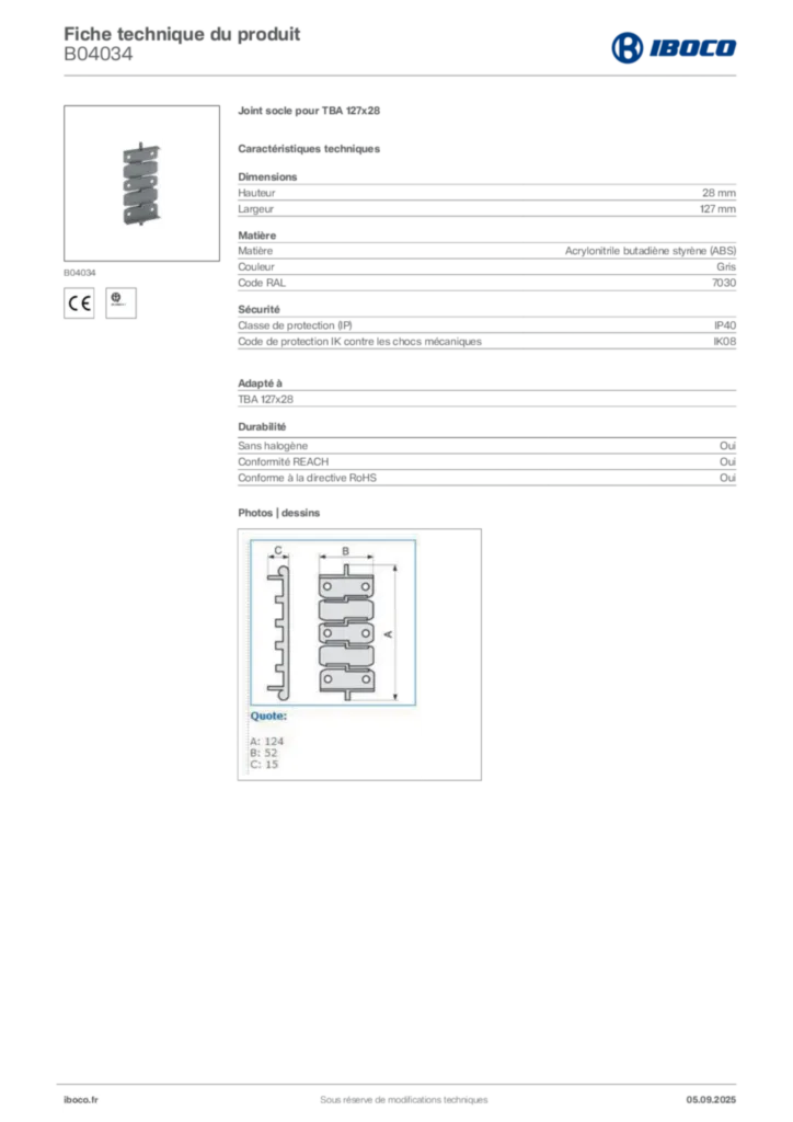 Image Iboco Fiche technique du produit B04034 | Hager France