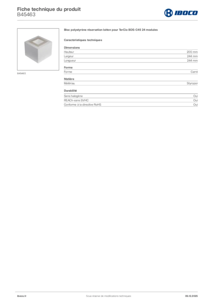 Image Iboco Fiche technique du produit B45463 | Hager France