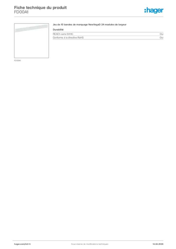 Image Hager Fiche technique du produit FD00A1 | Hager Afrique