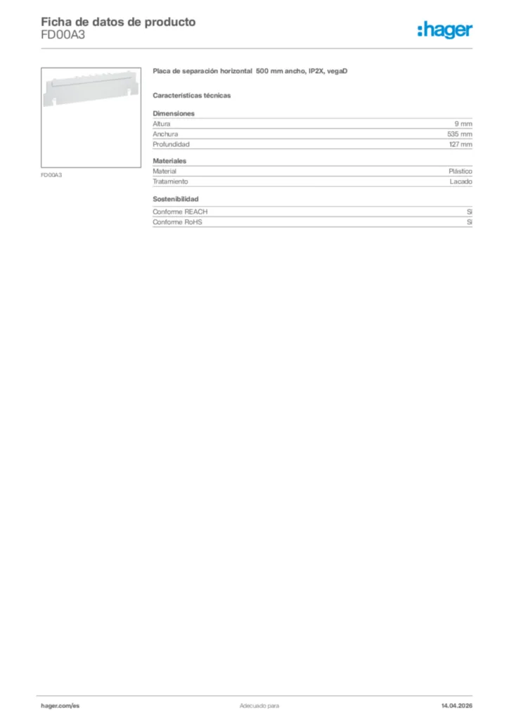 Imagen Hager Ficha de datos de producto FD00A3 | Hager España