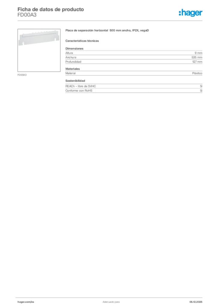Imagen Hager Ficha de datos de producto FD00A3 | Hager España