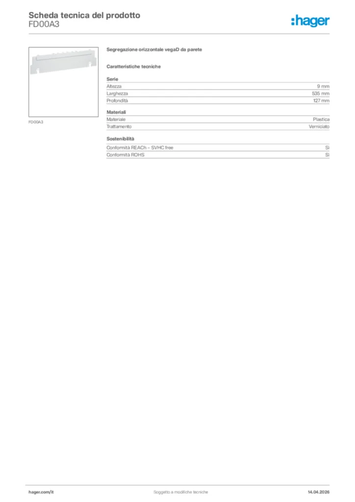 Immagine Hager Scheda tecnica del prodotto FD00A3 | Hager Italia