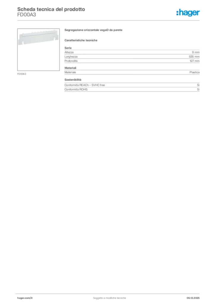 Immagine Hager Scheda tecnica del prodotto FD00A3 | Hager Italia