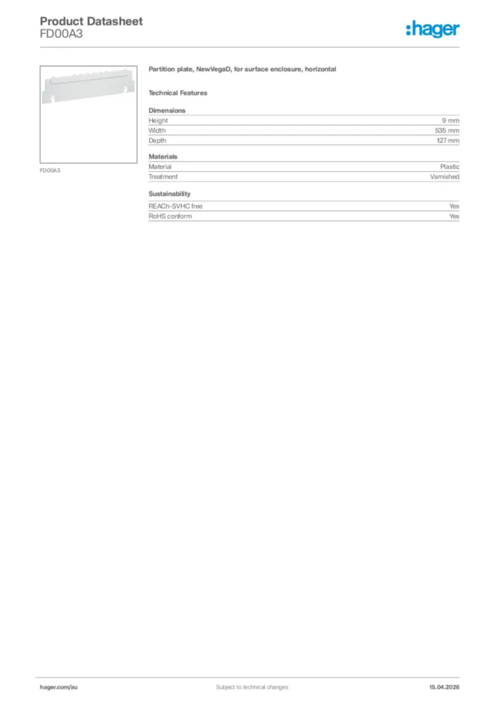 Image Hager Product data sheet FD00A3  | Hager Australia