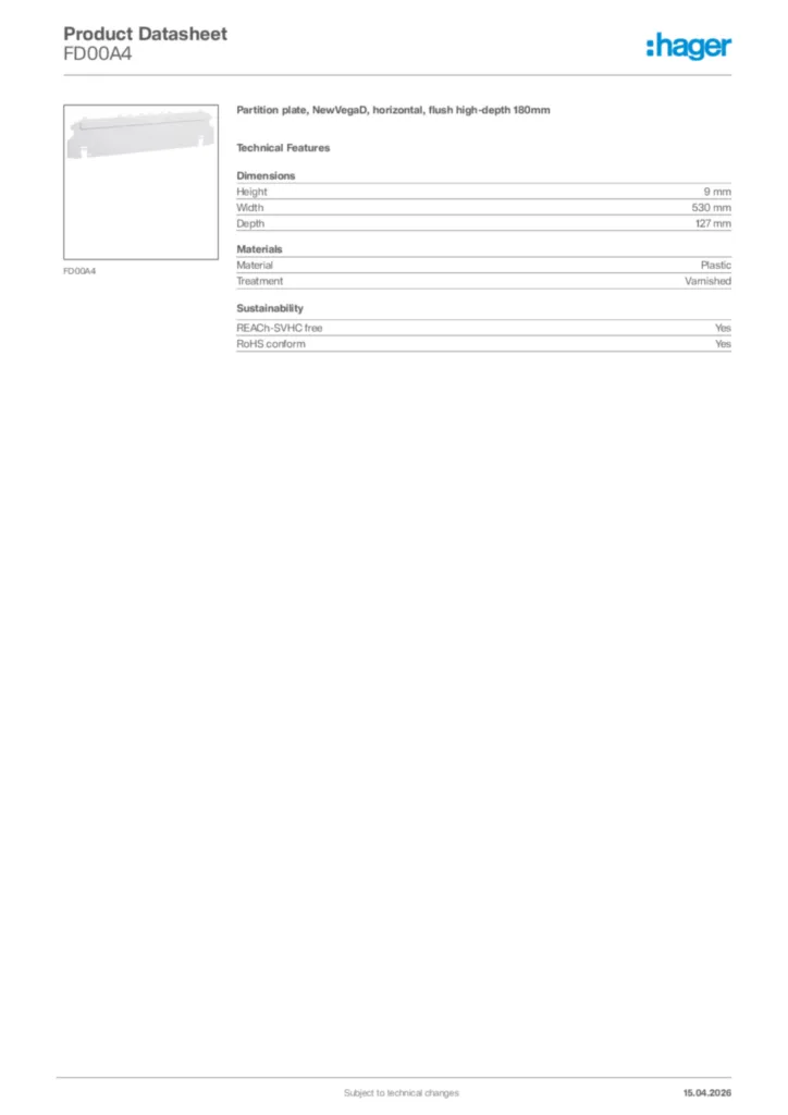 Image Hager Product data sheet FD00A4  | Hager Africa