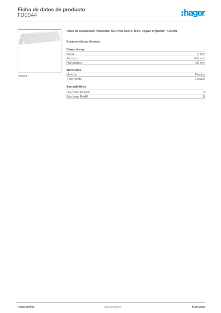 Imagen Hager Ficha de datos de producto FD00A4 | Hager España