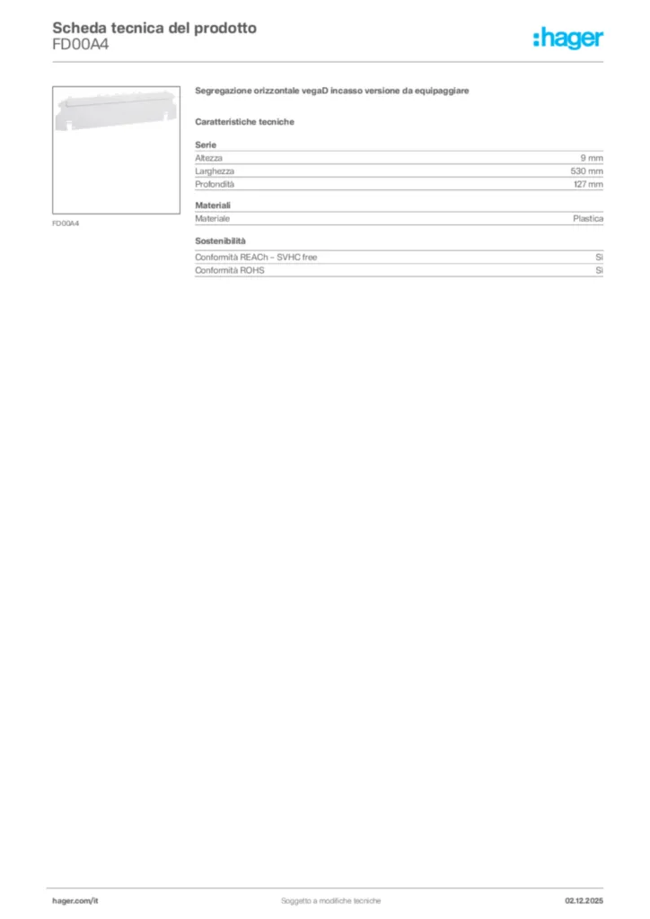 Immagine Hager Scheda tecnica del prodotto FD00A4 | Hager Italia