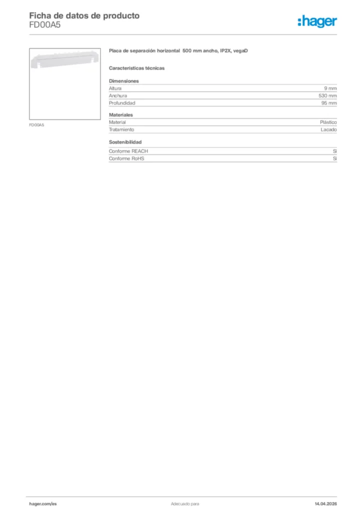 Imagen Hager Ficha de datos de producto FD00A5 | Hager España