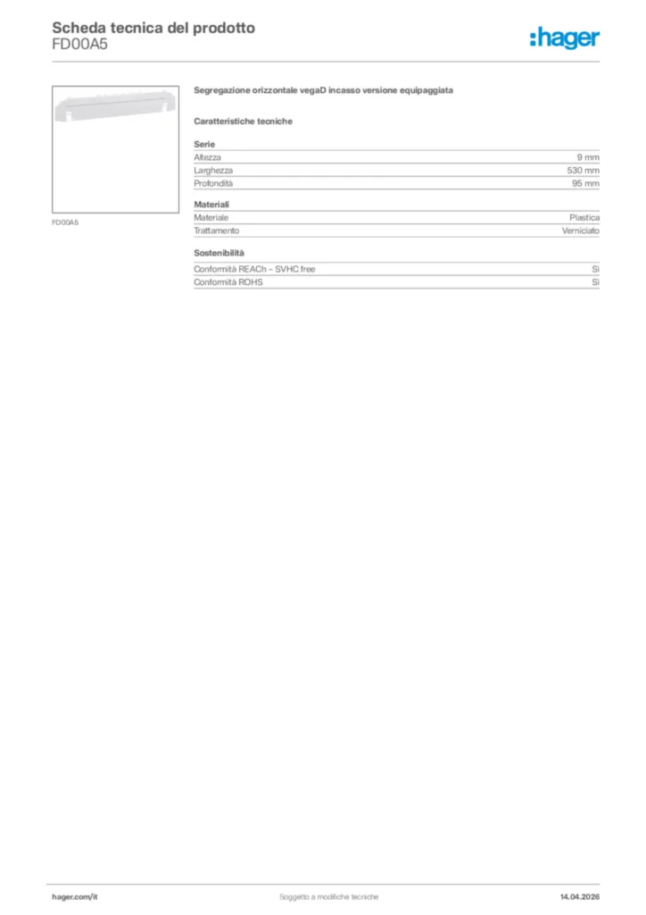 Immagine Hager Scheda tecnica del prodotto FD00A5 | Hager Italia